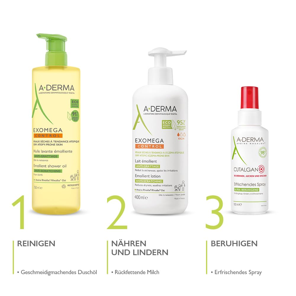 Ingredient overview for A-Derma Exomega Control Milk highlights sensitive-skin suitability.
