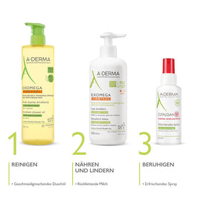 Ingredient overview for A-Derma Exomega Control Milk highlights sensitive-skin suitability.