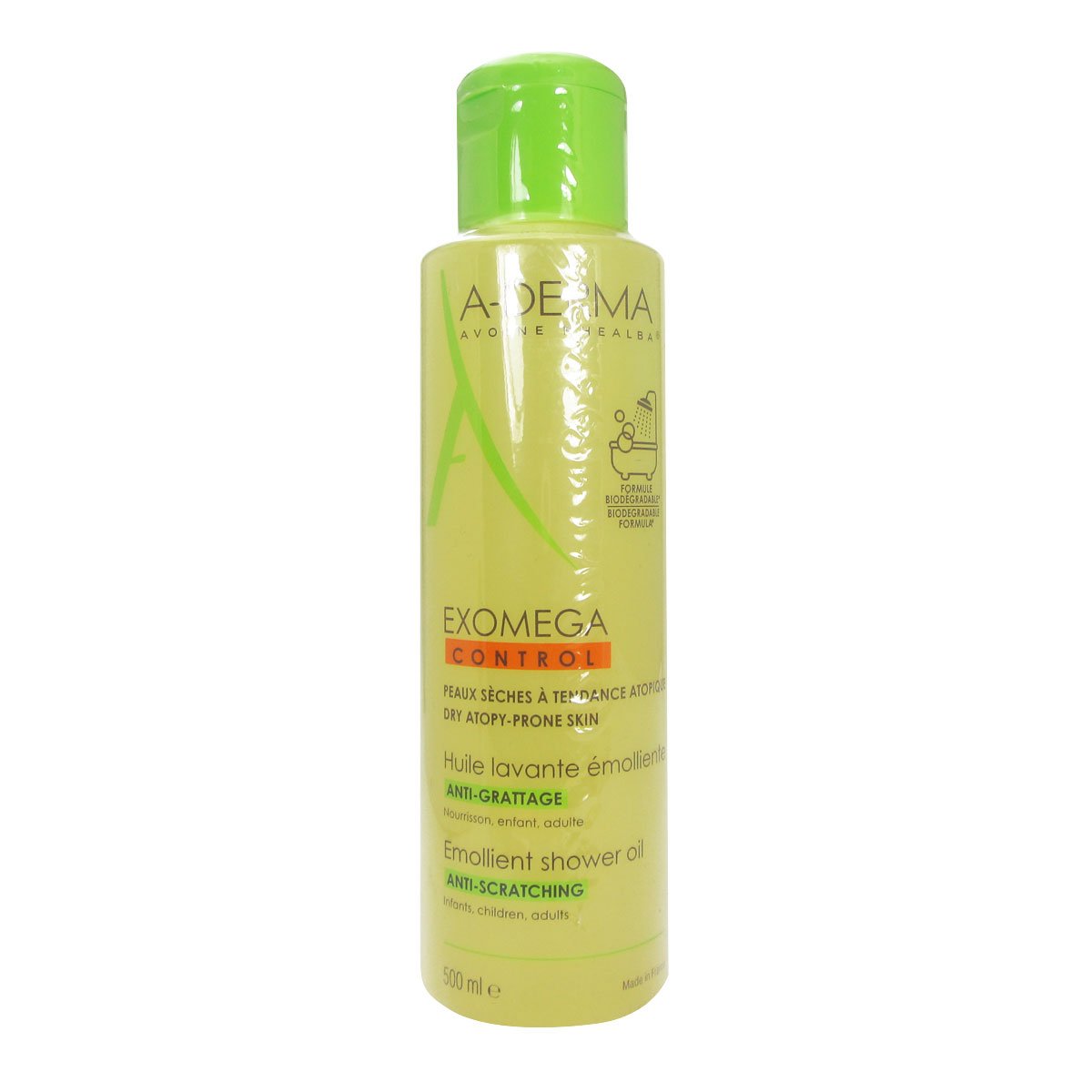 A-Derma Exomega Control shower oil bottle for gentle cleansing and soothing dry skin.
