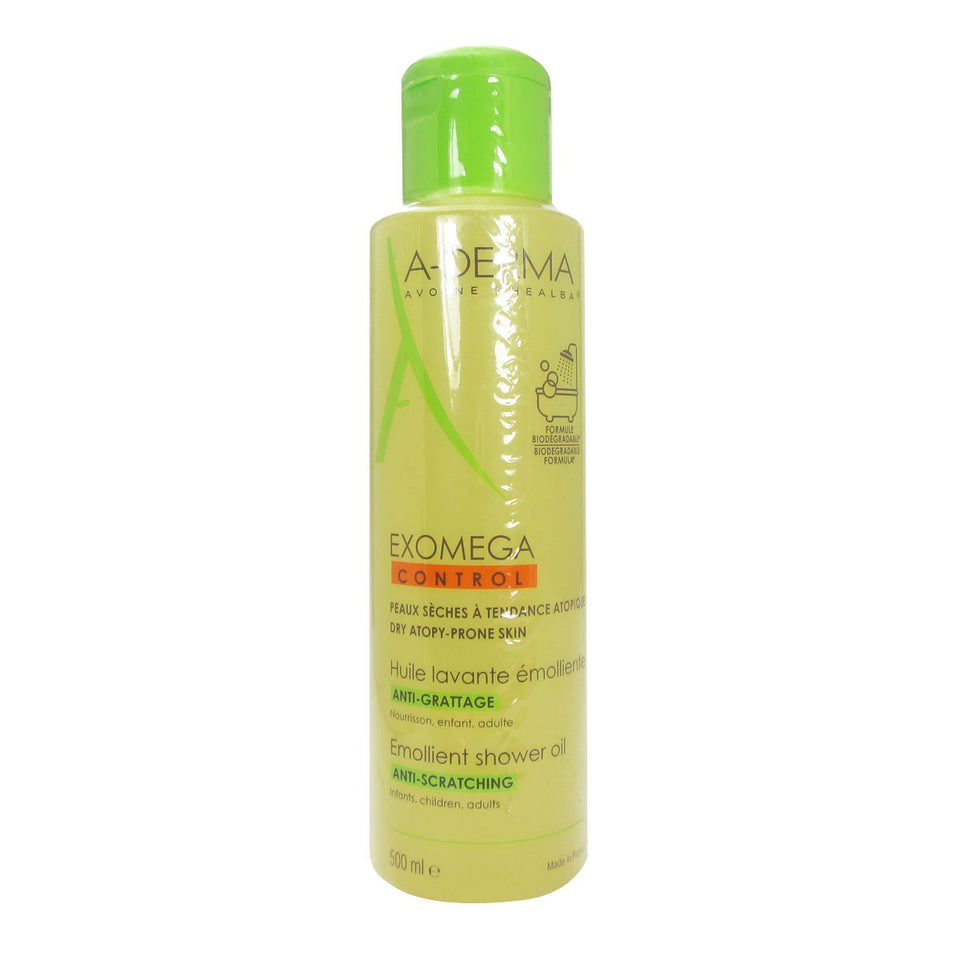 A-Derma Exomega Control shower oil bottle for gentle cleansing and soothing dry skin.
