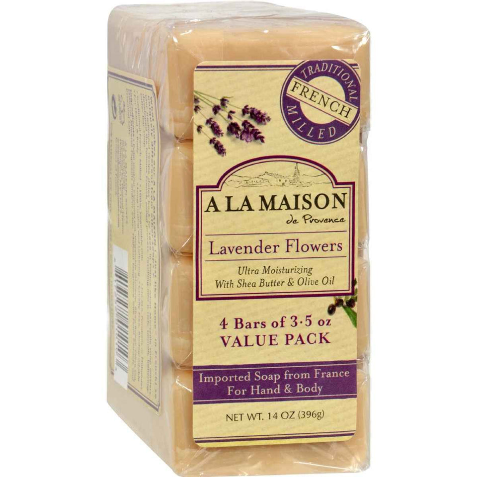 A LA MAISON Lavender Flower Bar Soap four-pack, front view for daily cleansing.