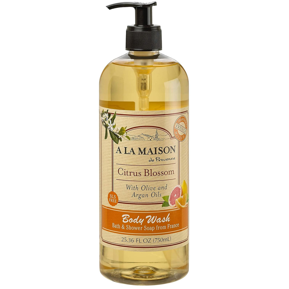 A LA MAISON Citrus Blossom body wash bottle close-up showing hydrating lather for daily cleansing.