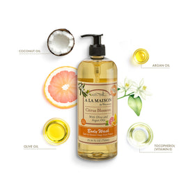 A LA MAISON Citrus Blossom bottle pouring a refreshing, skin-softening cleansing ritual.