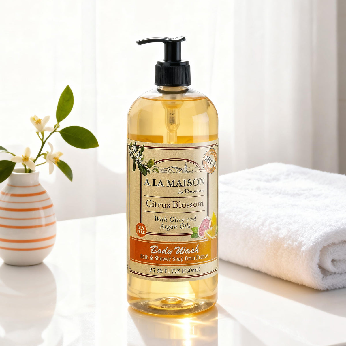 A LA MAISON Citrus Blossom bottle in recyclable packaging, eco-conscious design.