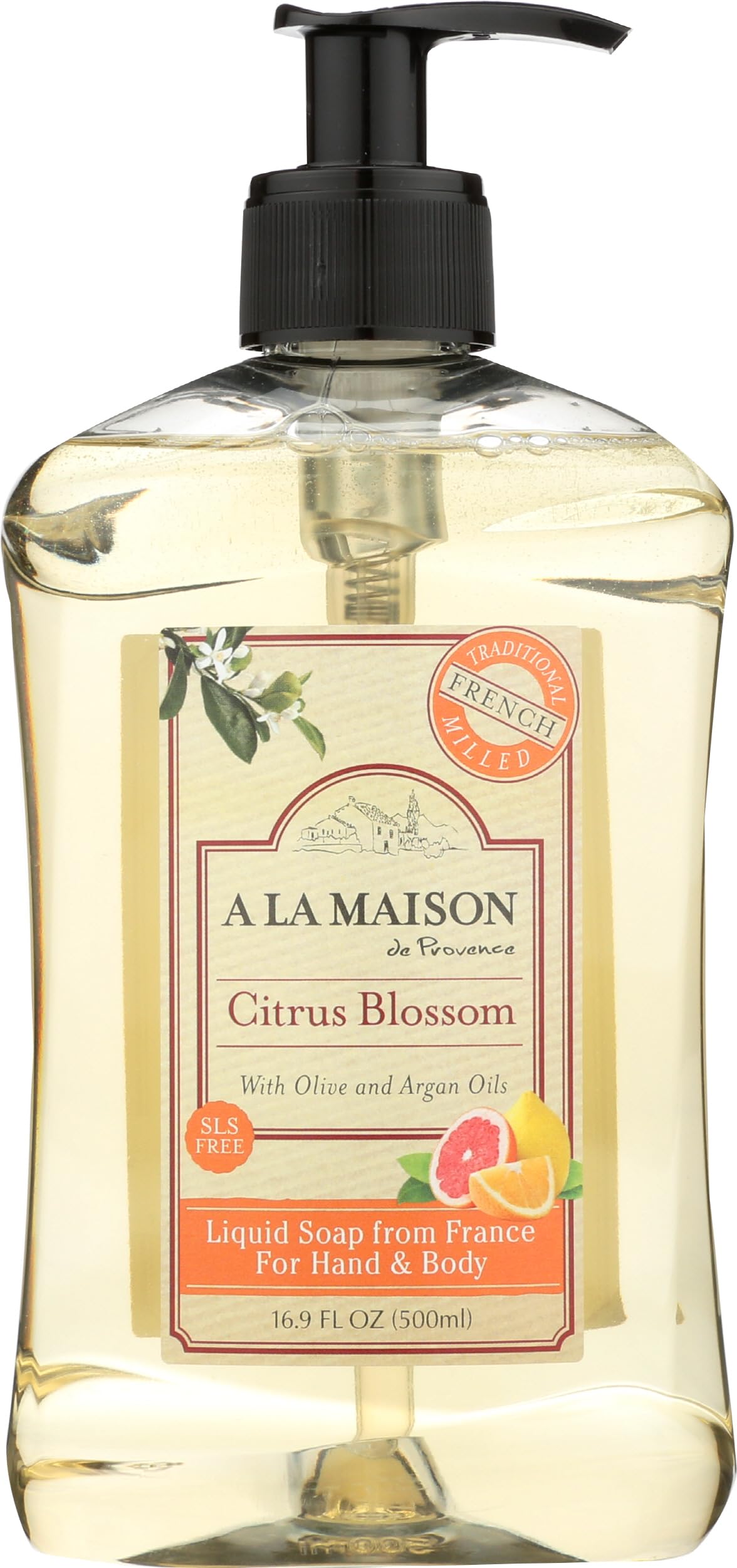 A La Maison Citrus Blossom liquid soap bottle front view for everyday hand washing
