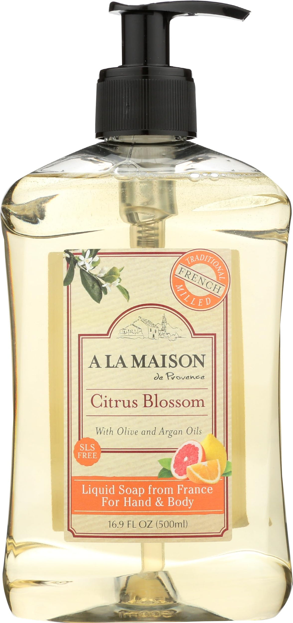 A La Maison Citrus Blossom liquid soap bottle front view for everyday hand washing