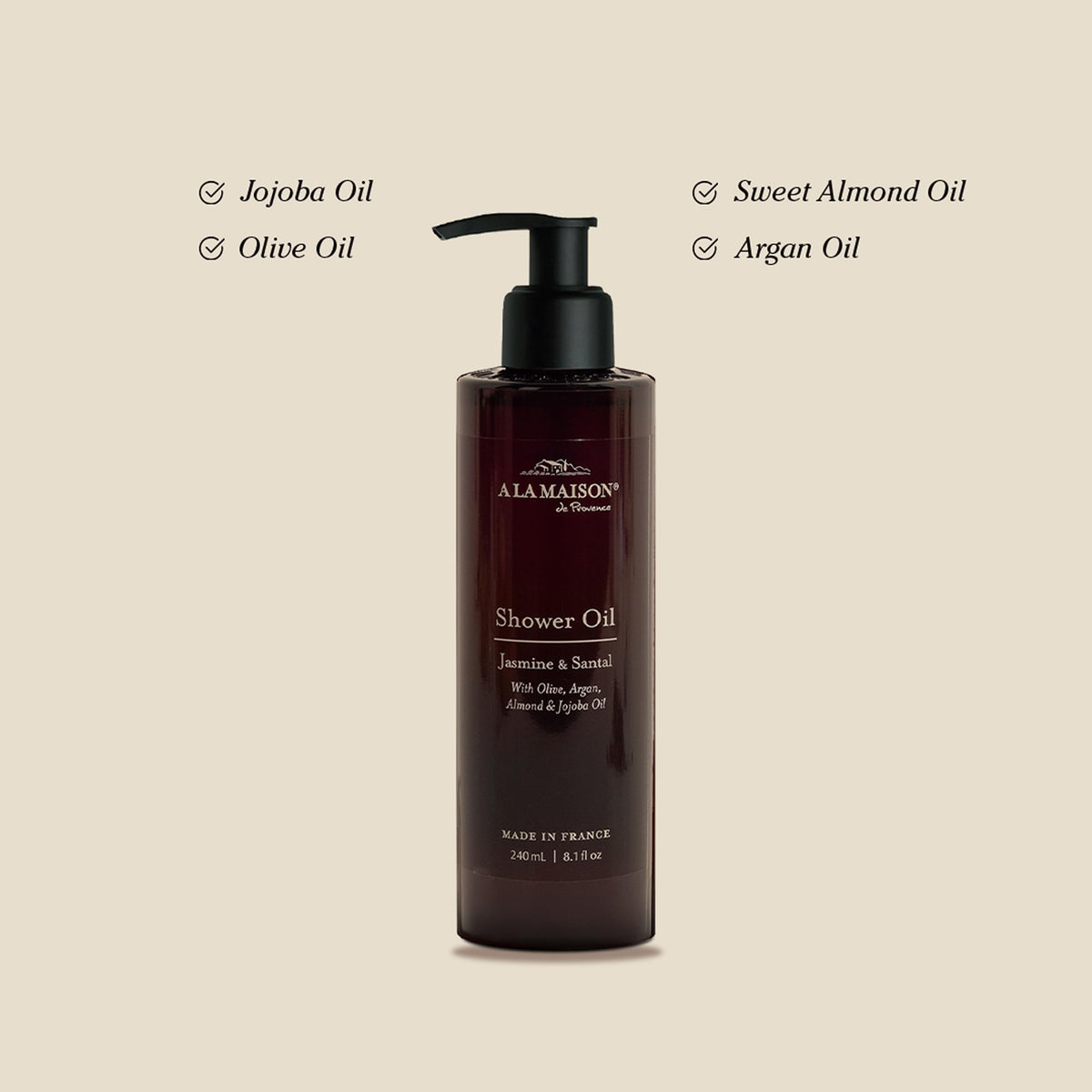 A LA MAISON Cleansing Shower Oil Jasmine and Santal pump for smooth oil-to-lather cleansing.