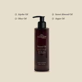 A LA MAISON Cleansing Shower Oil Jasmine and Santal pump for smooth oil-to-lather cleansing.