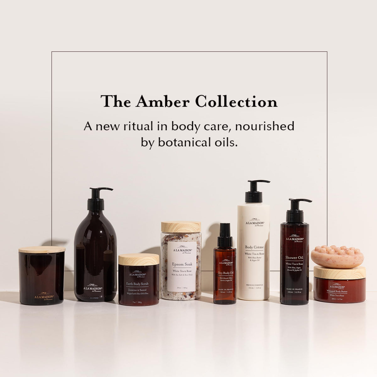 A LA MAISON Amber scrub pumice texture smooths rough skin while nourishing oils.