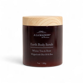 A LA MAISON Earth Body Scrub in white tea rose jar for gentle exfoliation and moisture