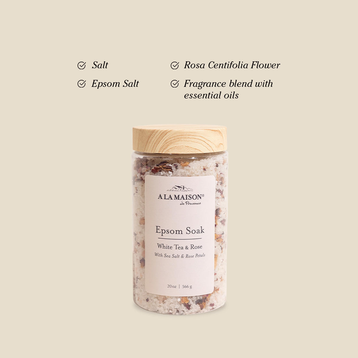 A LA MAISON Epsom Salt Bath Soak with Rose Petals ready for a soothing soak