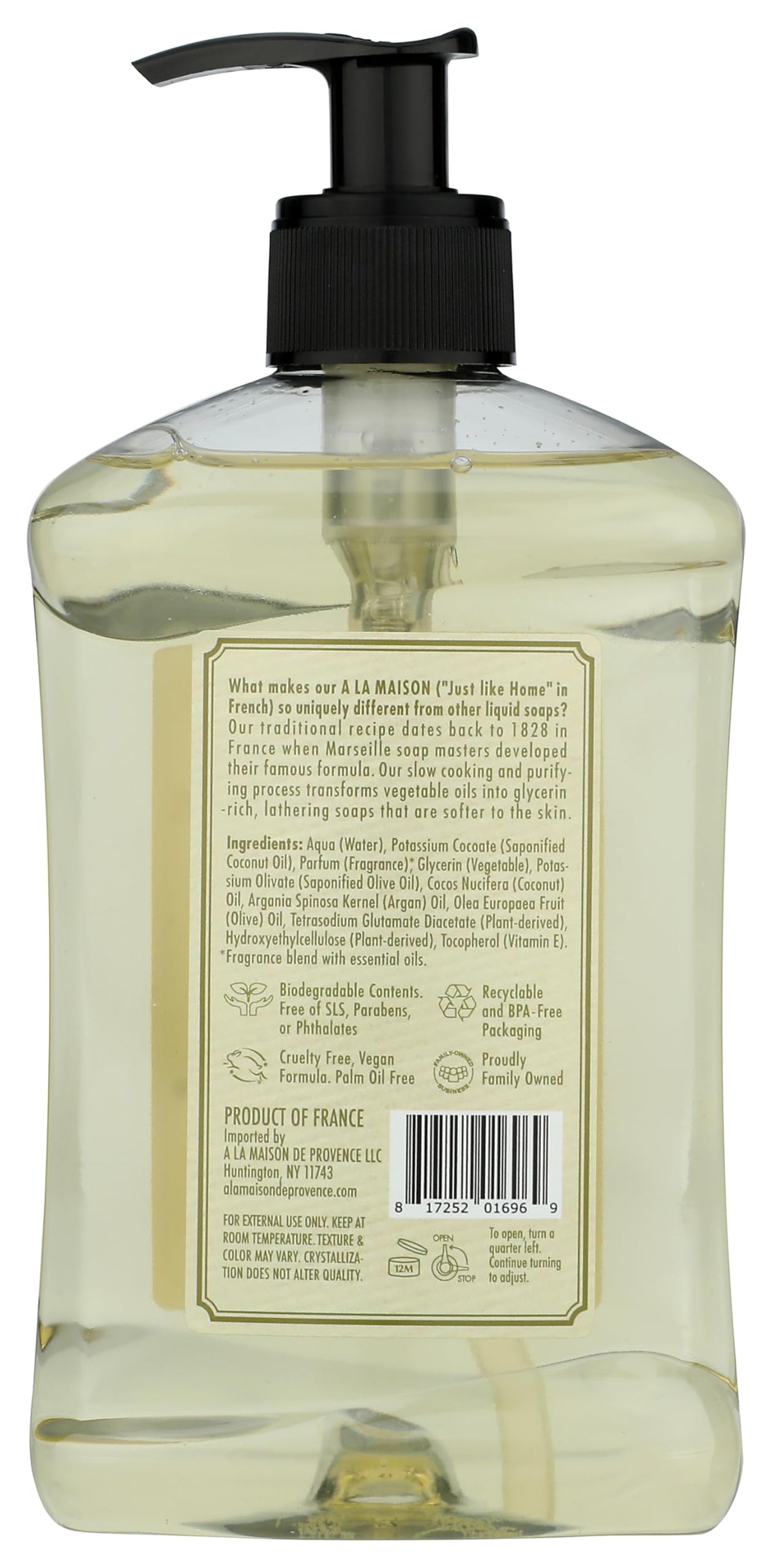 A LA MAISON French craftsmanship on soap bottle, delivering luxury skincare heritage.