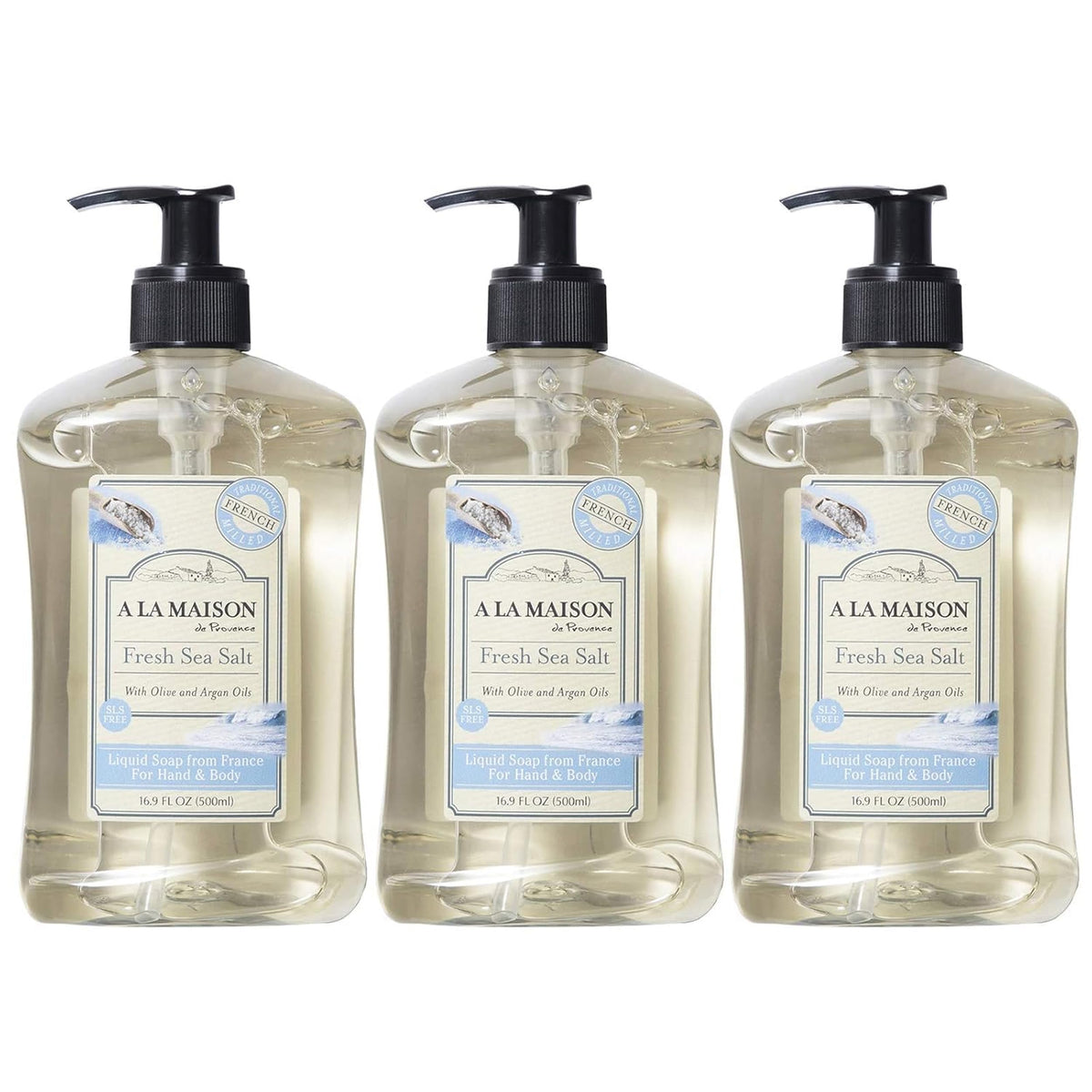 A LA MAISON French hand soap bottle with sea salt scent for everyday cleansing.