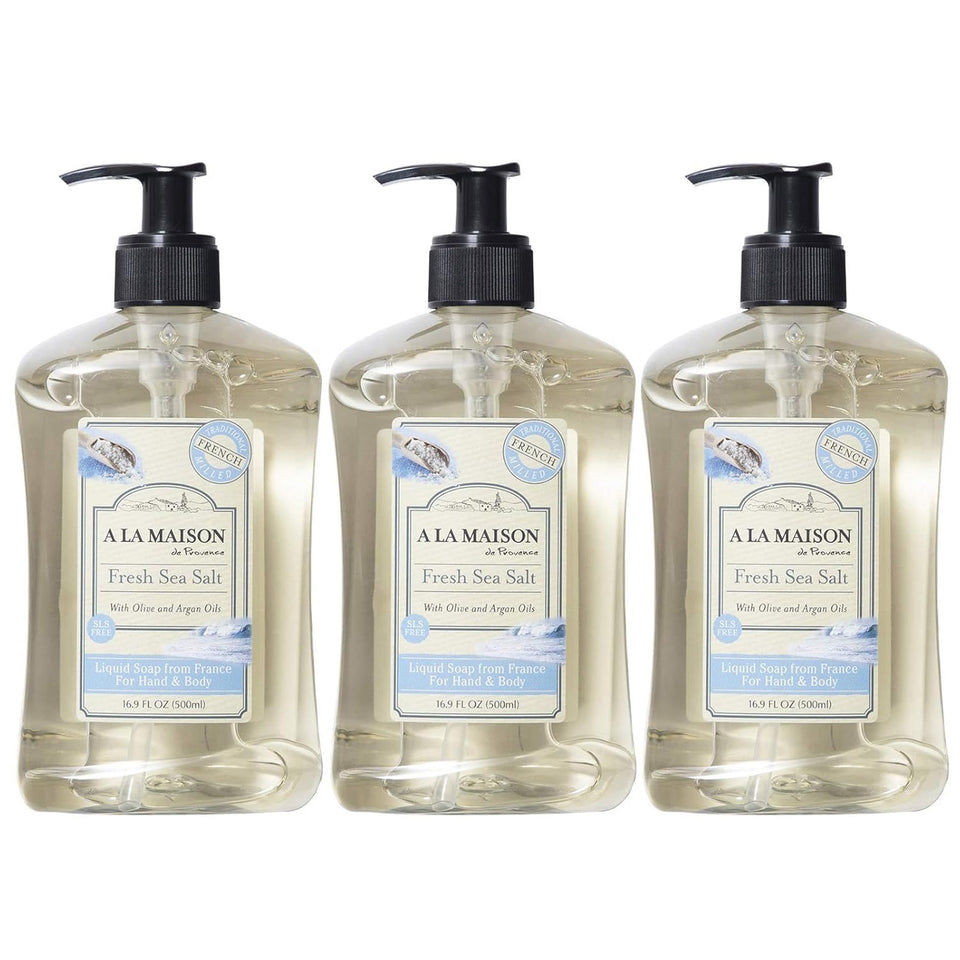 A LA MAISON French hand soap bottle with sea salt scent for everyday cleansing.
