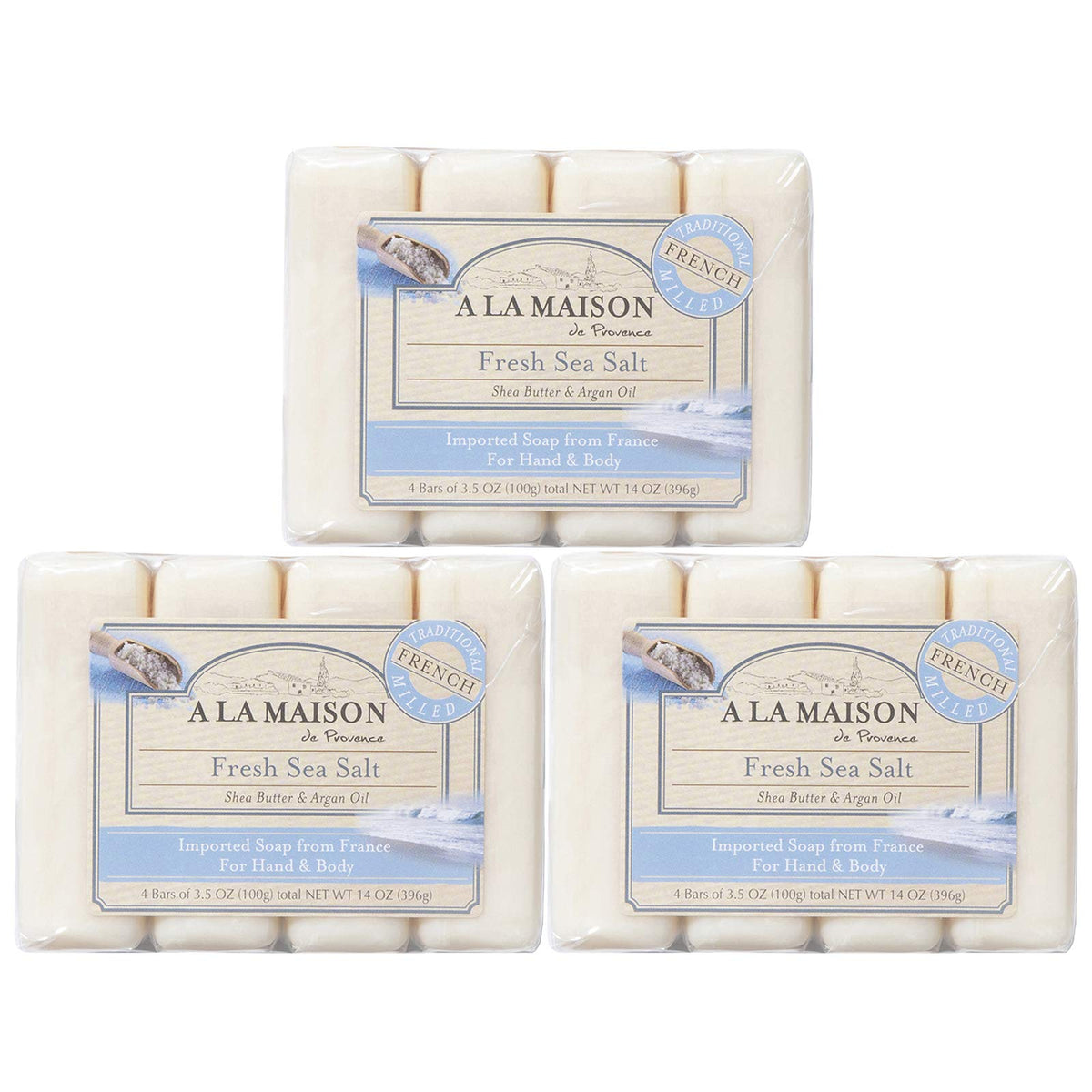 A LA MAISON Fresh Sea Salt Bar Soap packaging shows 12 bars for long-lasting daily cleansing.