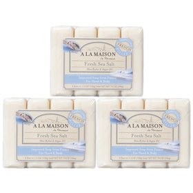 A LA MAISON Fresh Sea Salt Bar Soap packaging shows 12 bars for long-lasting daily cleansing.