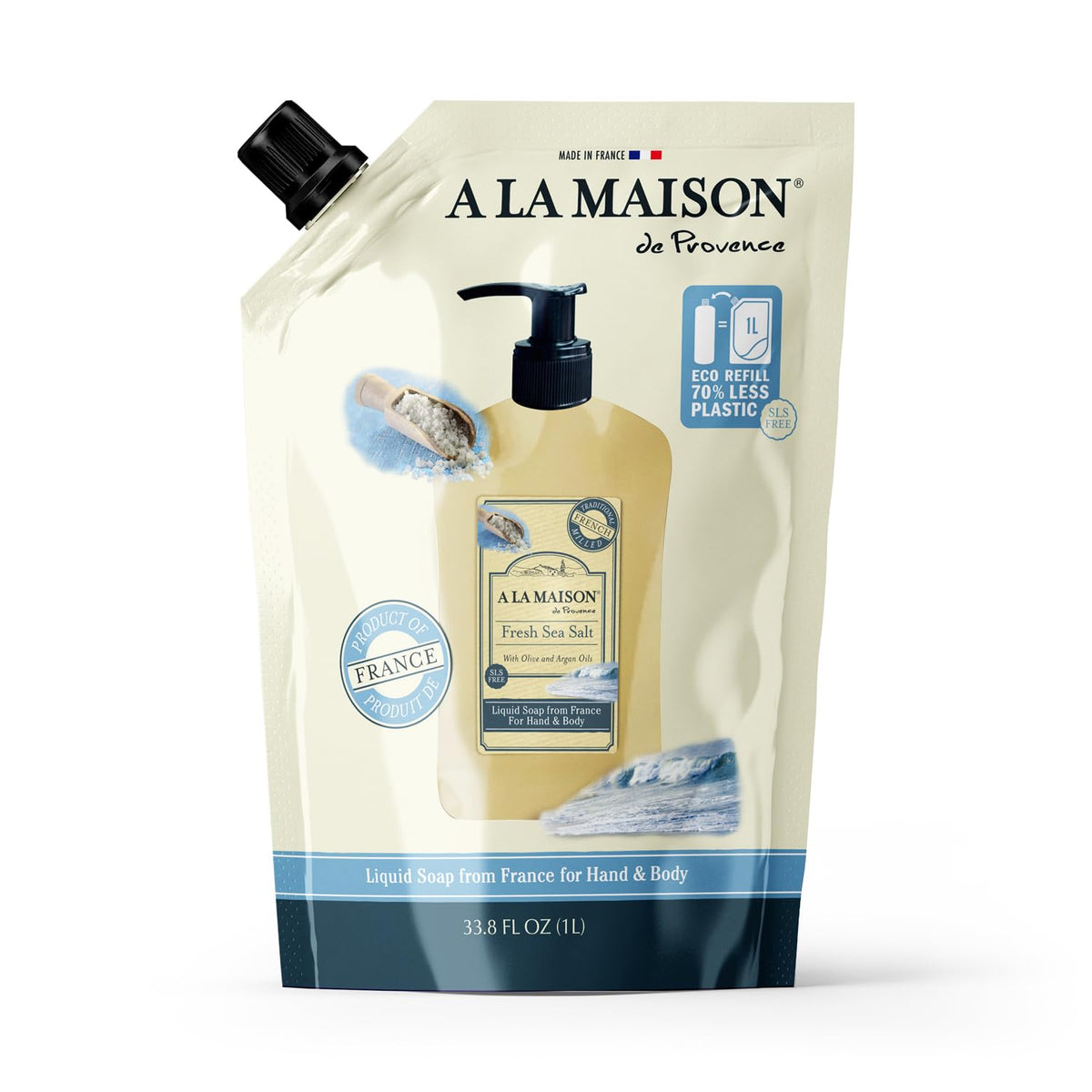 A LA MAISON Fresh Sea Salt hand wash bottle highlighting vegan, biodegradable formula for daily skin care.