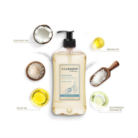 A La Maison Fresh Sea Salt Body Wash lather showcasing rich foam for gentle cleansing.