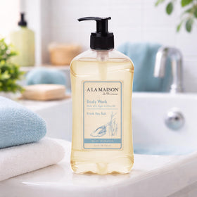 A La Maison Fresh Sea Salt Body Wash pump bottle enables easy, controlled dispensing.