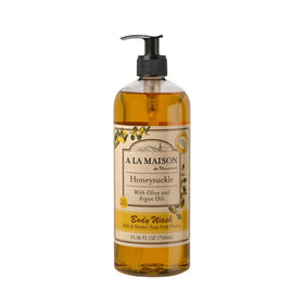 A La Maison Honeysuckle body wash bottle front view with hydrating formula.