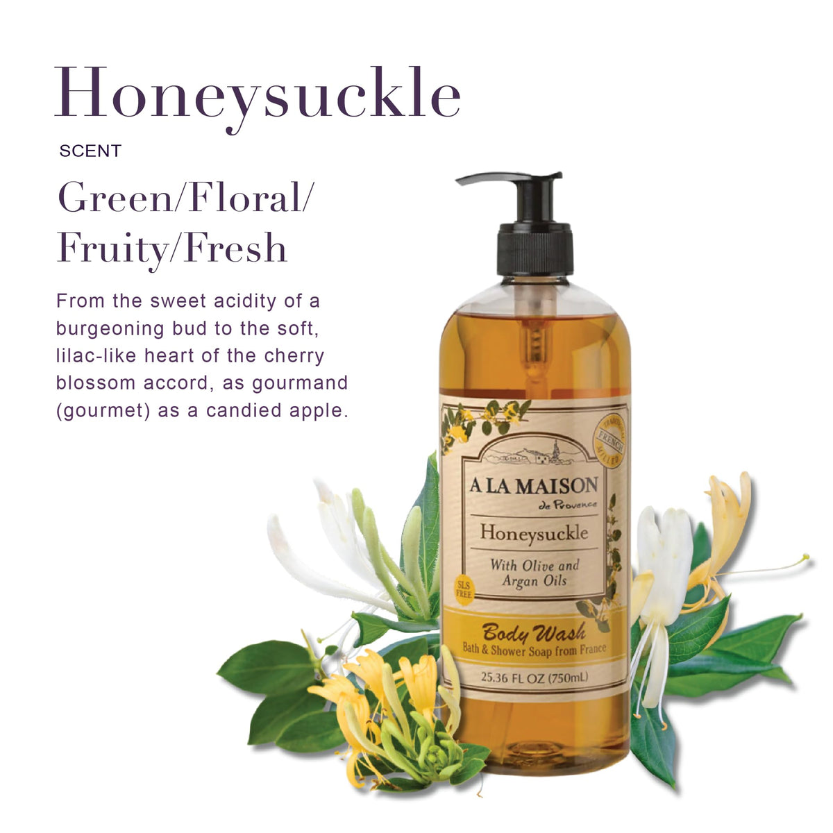 A La Maison Honeysuckle body wash lather close-up showing creamy hydration.