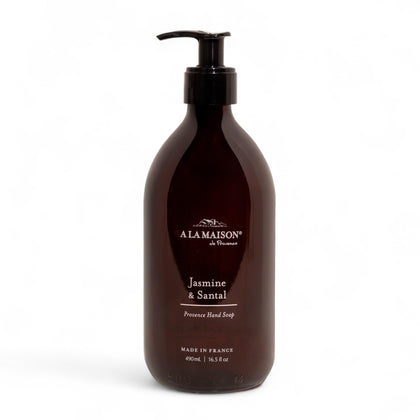 A LA MAISON Jasmine & Santal bottle-pump shows premium hand care with a luxurious lather.