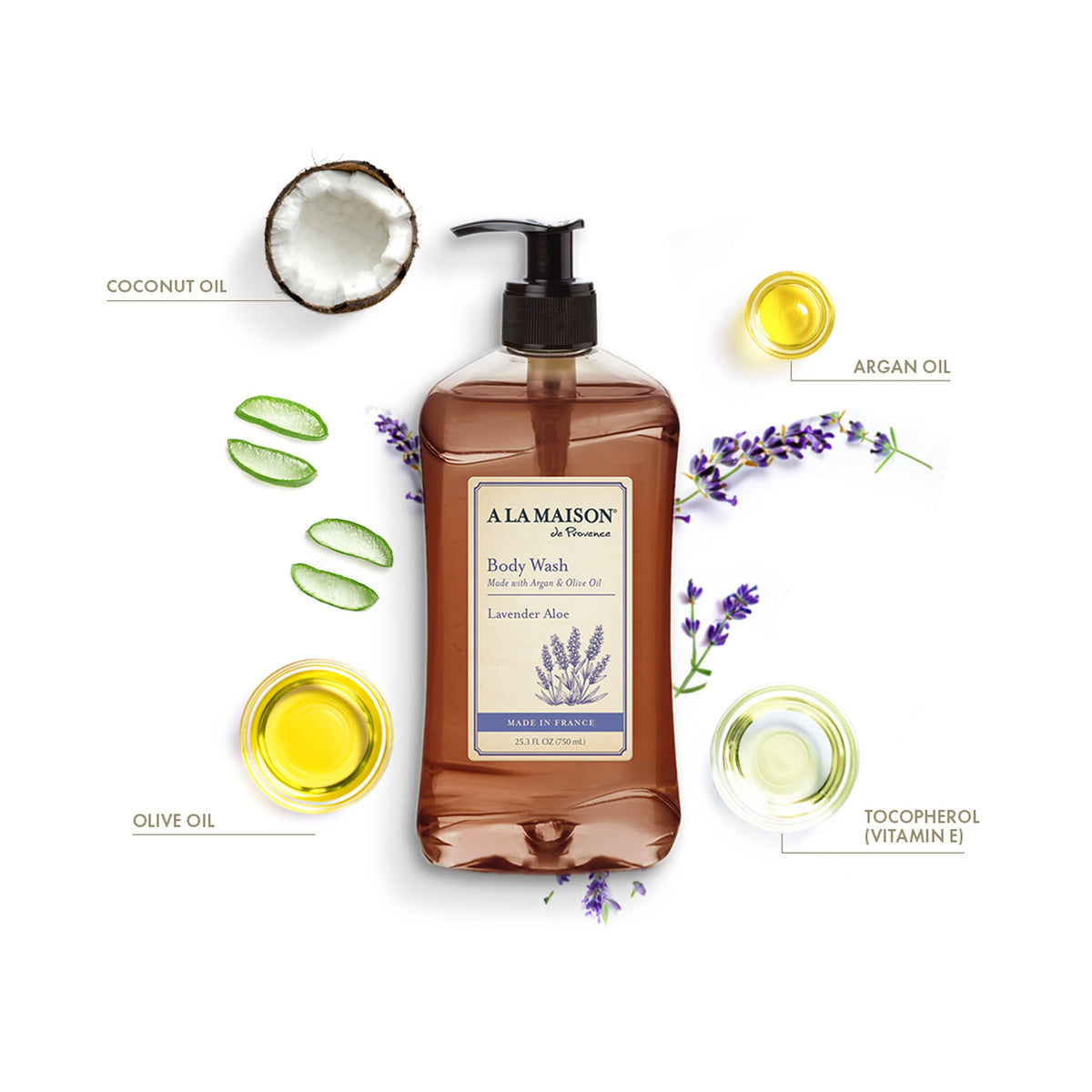 A LA MAISON Lavender Aloe label close-up highlights premium ingredients.