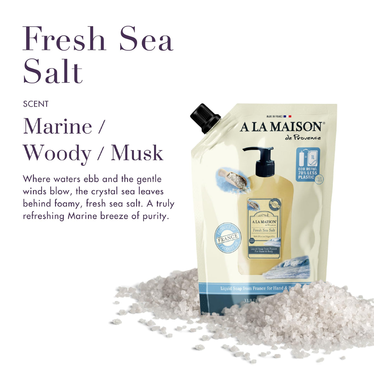 A LA MAISON sea salt hand soap packaging highlights the 3-pack option.