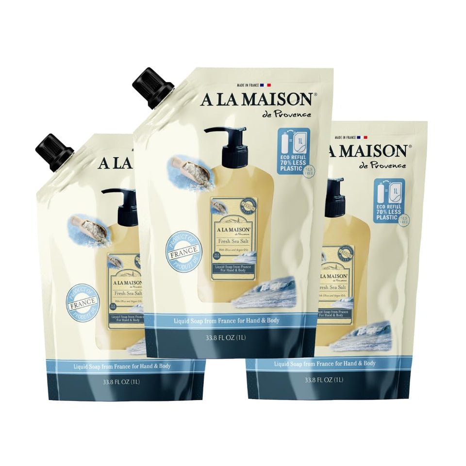 A LA MAISON sea salt refill pouch delivers refreshed hands.