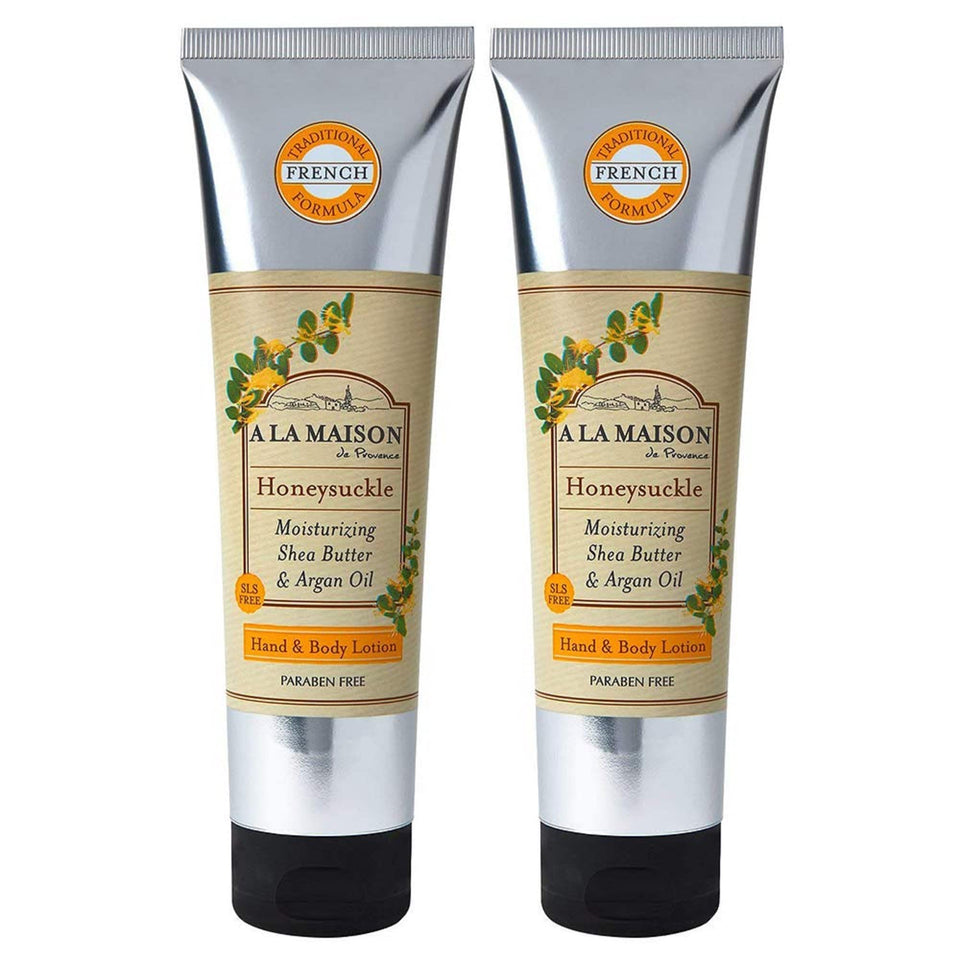 A LA MAISON Honeysuckle lotion bottle shown for daily hydration