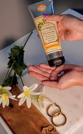 Creamy texture of A LA MAISON Honeysuckle lotion close-up