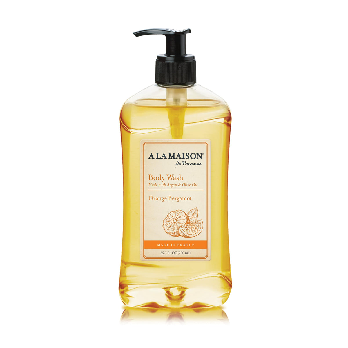 A LA MAISON Orange Bergamot Body Wash bottle pour for a refreshing cleanse