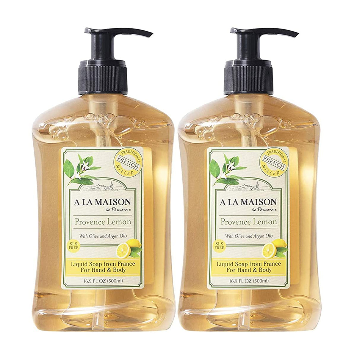 A LA MAISON Provence Lemon hand soap bottle shows authentic French craftsmanship and lemon aroma.