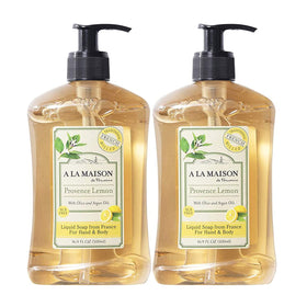 A LA MAISON Provence Lemon hand soap bottle shows authentic French craftsmanship and lemon aroma.