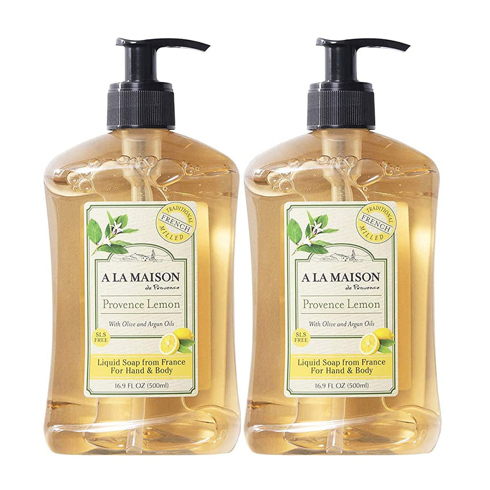 A LA MAISON Provence Lemon hand soap bottle shows authentic French craftsmanship and lemon aroma.