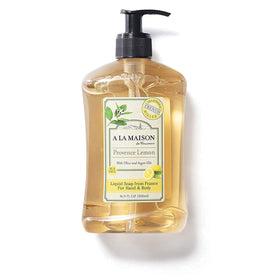 A LA MAISON Provence Lemon hand soap label closeup reveals premium ingredients and heritage craft.