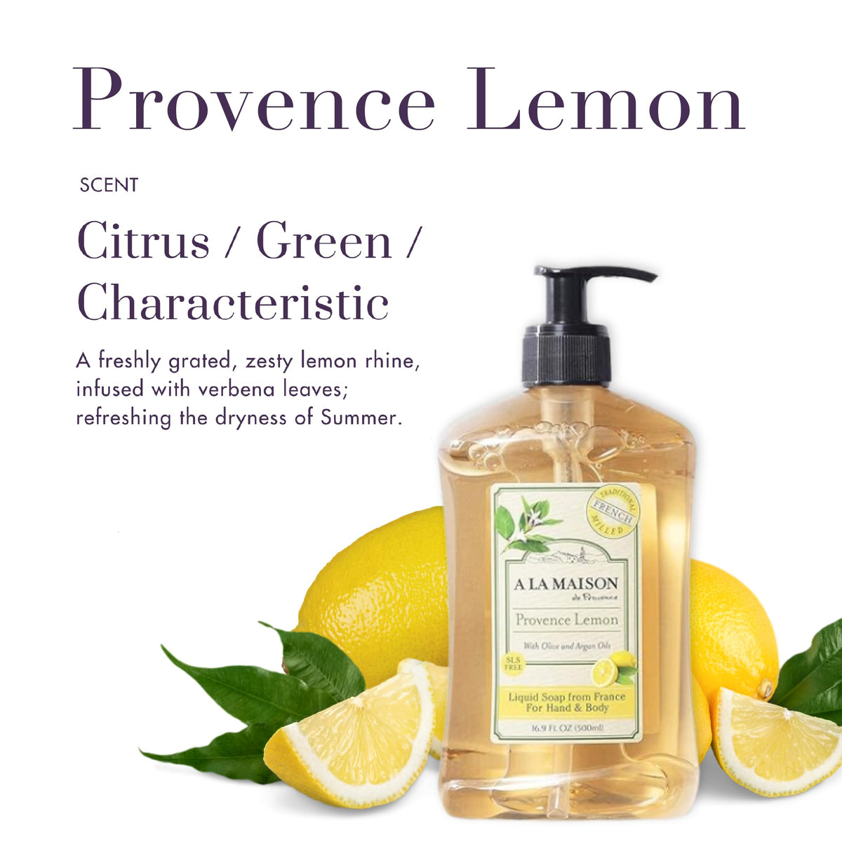 A LA MAISON Provence Lemon hand soap pour demonstrates smooth dispensing and bright citrus scent.