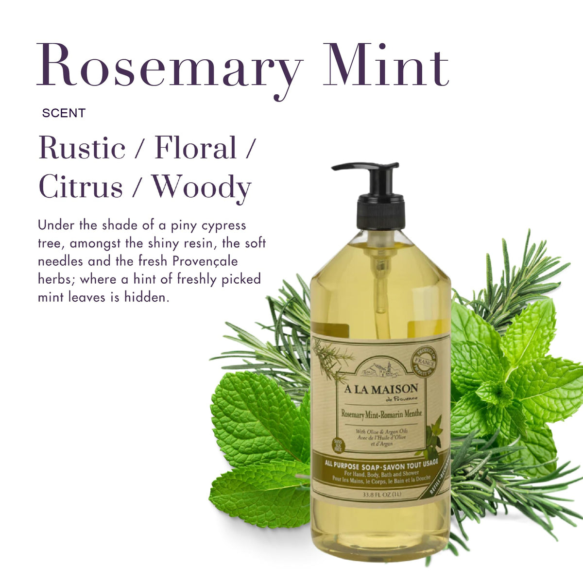 A LA MAISON Rosemary Mint hand soap label highlights natural ingredients for sensitive skin
