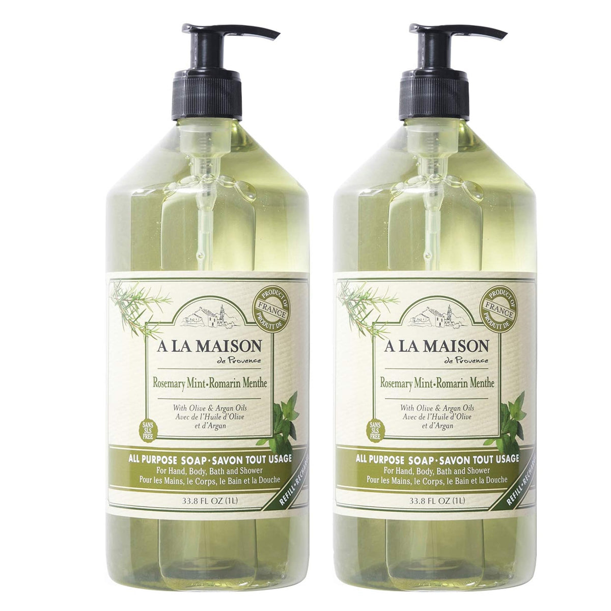A LA MAISON Rosemary Mint hand soap pump bottle front, plant-based cleanse for hands