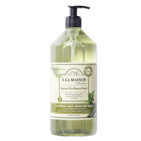 A La Maison Rosemary Mint liquid hand soap bottle with pump for a refreshing cleanse.