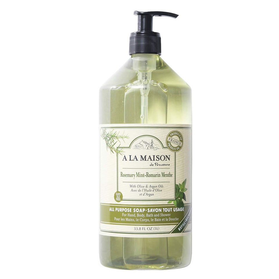 A La Maison Rosemary Mint liquid hand soap bottle with pump for a refreshing cleanse.