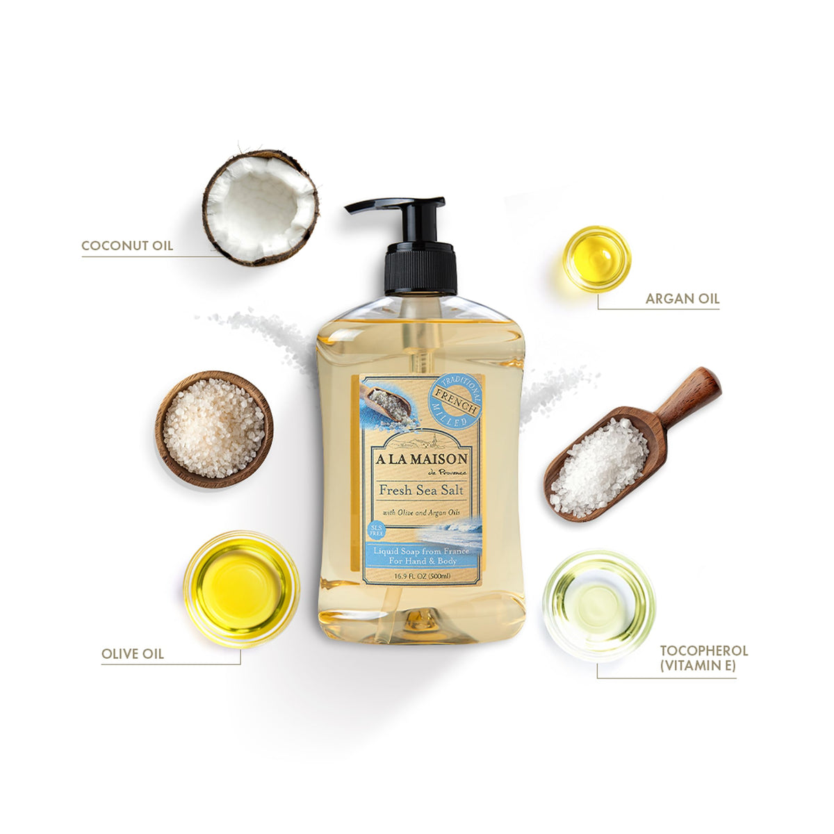 A LA MAISON sea salt soap lather for rich cleansing in kitchen or bath.