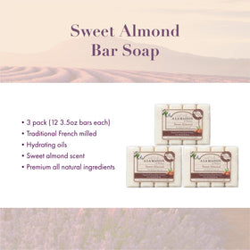 A LA MAISON Sweet Almond Bar Soap back label showing 3.5 oz bars and natural ingredients.
