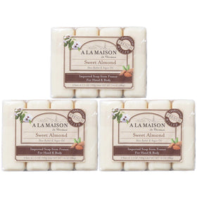 A LA MAISON Sweet Almond Bar Soap front view with triple milled formula and smooth lather.