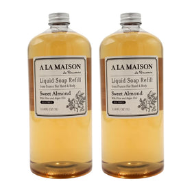 A LA MAISON Sweet Almond hand wash refill bottle with vegan formula for gentle cleansing.