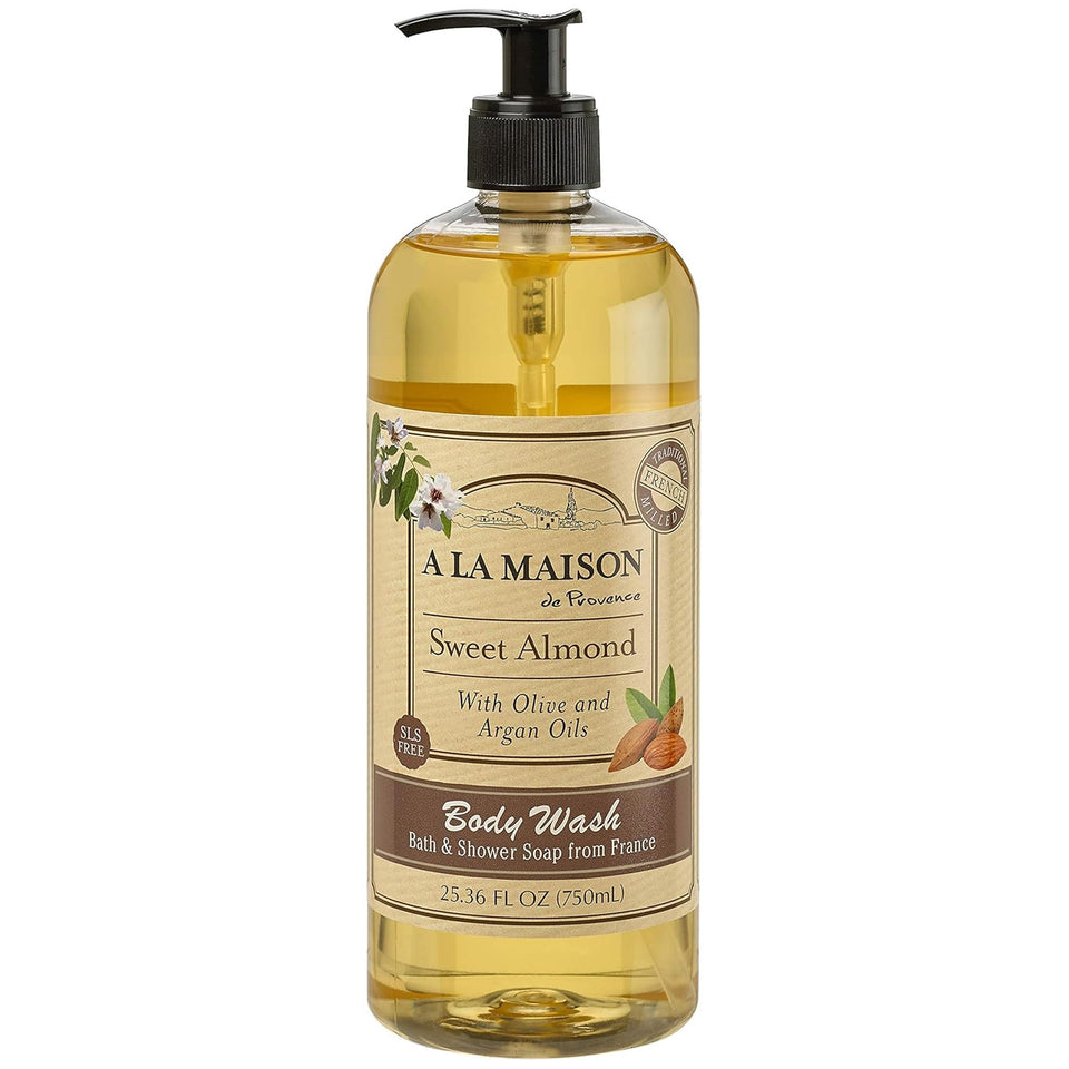 A LA MAISON Sweet Almond liquid body wash bottle with a hydrating, gentle lather.