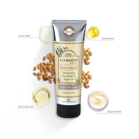 A LA MAISON Sweet Almond Moisturizing Lotion ingredients panel shows argan oil and shea butter.