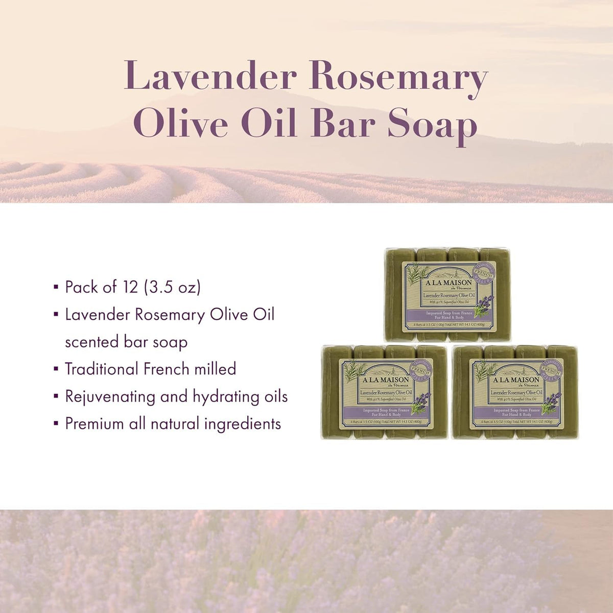 A LA MAISON triple milled soap bar from France delivers a creamy, long-lasting rinse.