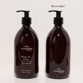 A LA MAISON White Tea & Rose label detail, premium fragrance enhances bathroom ambience