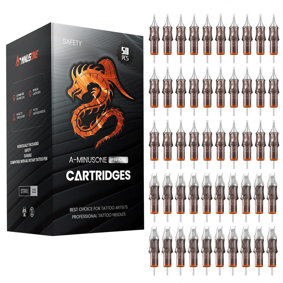 A-minusone 50 mixed tattoo cartridge needles pack, versatile for beginners.